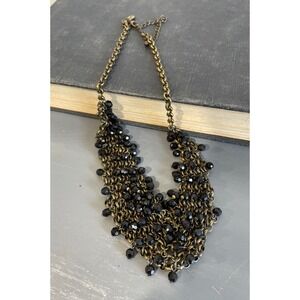 Chico's Bib Necklace Antiqued Gold Tone Black Faceted Beads Statement Adjustable